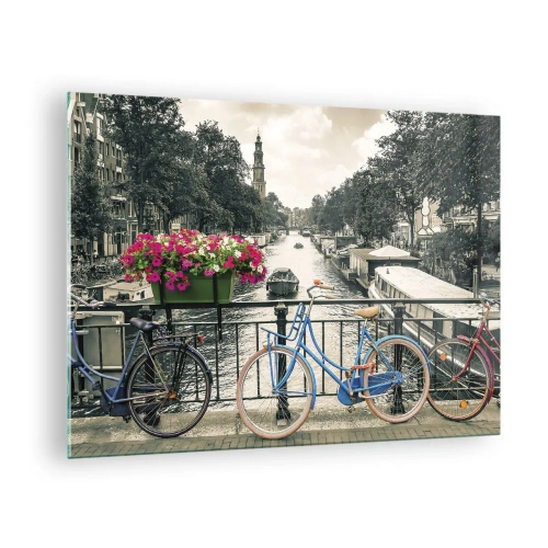 Impression sur verre - Image sur verre - Des vélos colorés sur le pont du canal - 70x50cm - Couleurs de rue d'Amsterdam - Décoration murale moderne pour le salon et la chambre ARTTOR