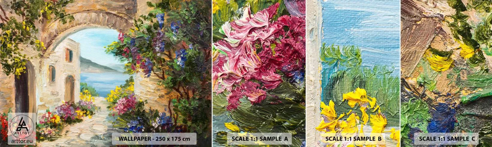 Échantillon de Papier Peint Autocollant Deluxe Sticker - Le charme d'une province côtière - Architecture, Grèce, Fleurs - 100x30 cm