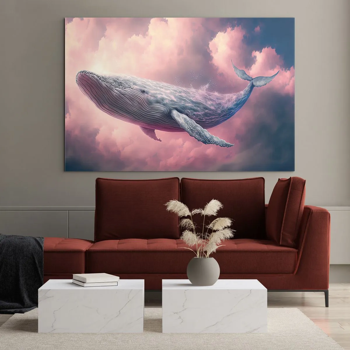 Impression sur verre - Image sur verre - Une baleine flottant dans les nuages avec une lueur rose - 100x70cm - Frottez-vous les yeux - Décoration murale moderne pour le salon et la chambre ARTTOR