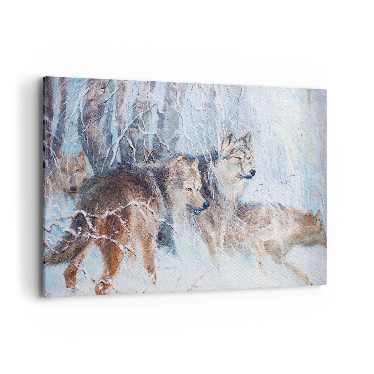 Impression sur toile - Image sur toile - Loups dans une forêt hivernale sur fond de neige - 120x80cm - Attention! Ca arrive ... - Décoration murale moderne pour le salon et la chambre ARTTOR