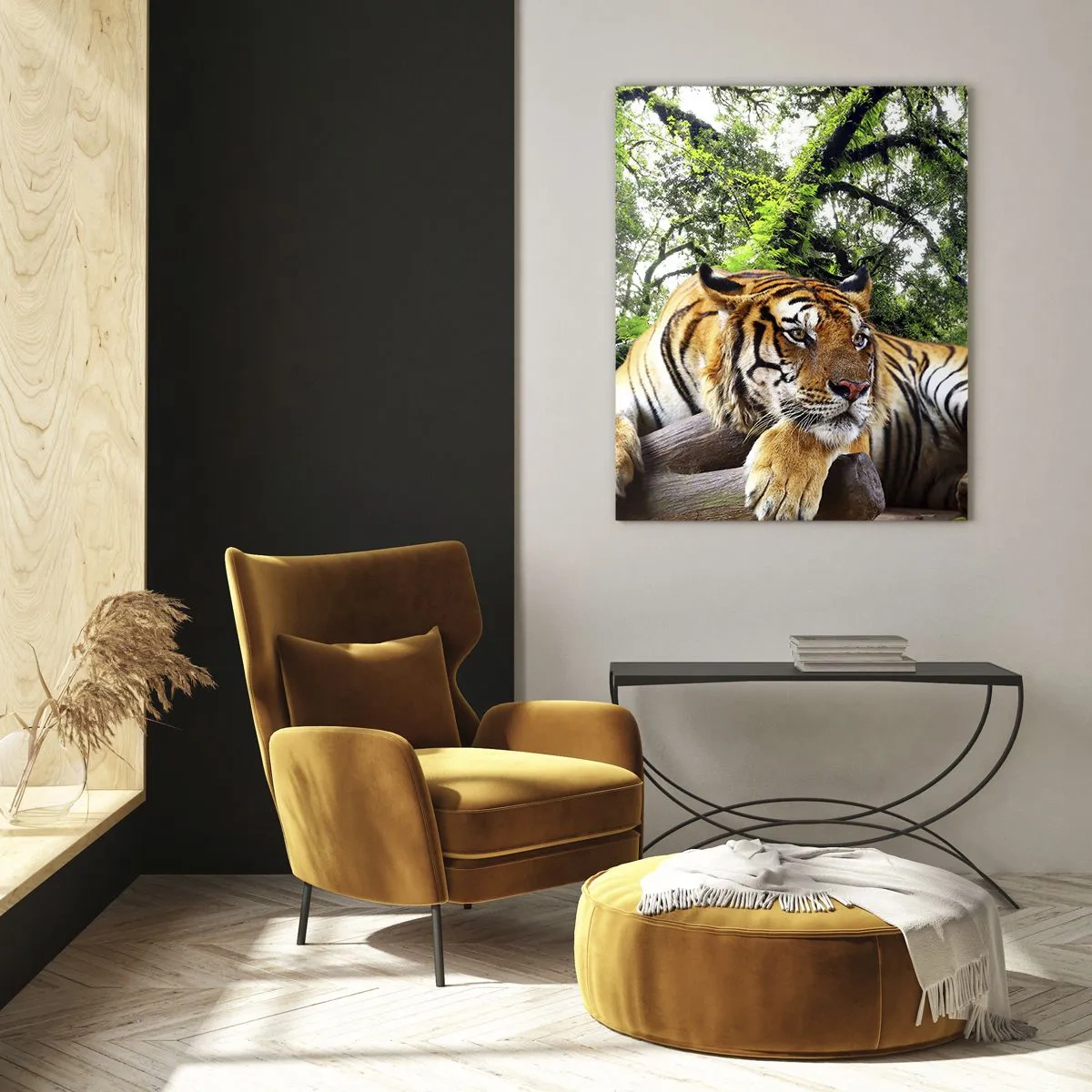 Impression sur verre - Image sur verre - Un tigre se reposant dans une forêt tropicale - 80x120cm - Cordialement - Décoration murale moderne pour le salon et la chambre ARTTOR