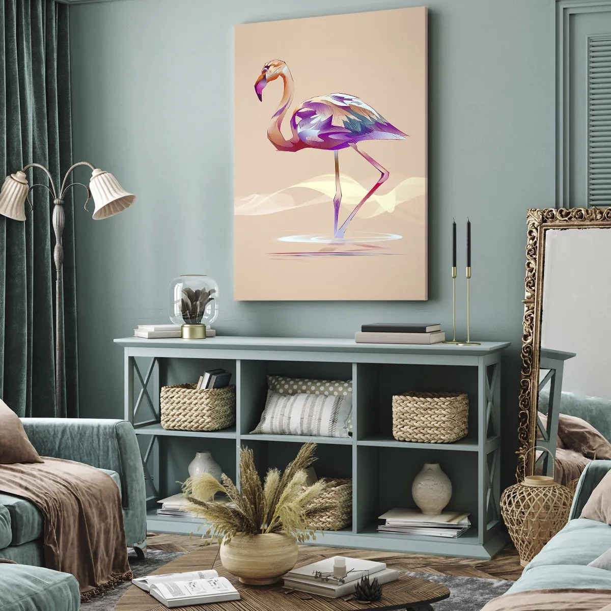 Impression sur toile - Image sur toile - Un flamant rose abstrait aux couleurs claires et pastel. - 80x120cm - L'oiseau des bonnes émotions - Décoration murale moderne pour le salon et la chambre ARTTOR