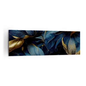 Impression sur toile - Image sur toile - Feuilles élégantes dans des tons dorés et bleu marine - 160x50cm - Des dessous dorés - Décoration murale moderne pour le salon et la chambre ARTTOR