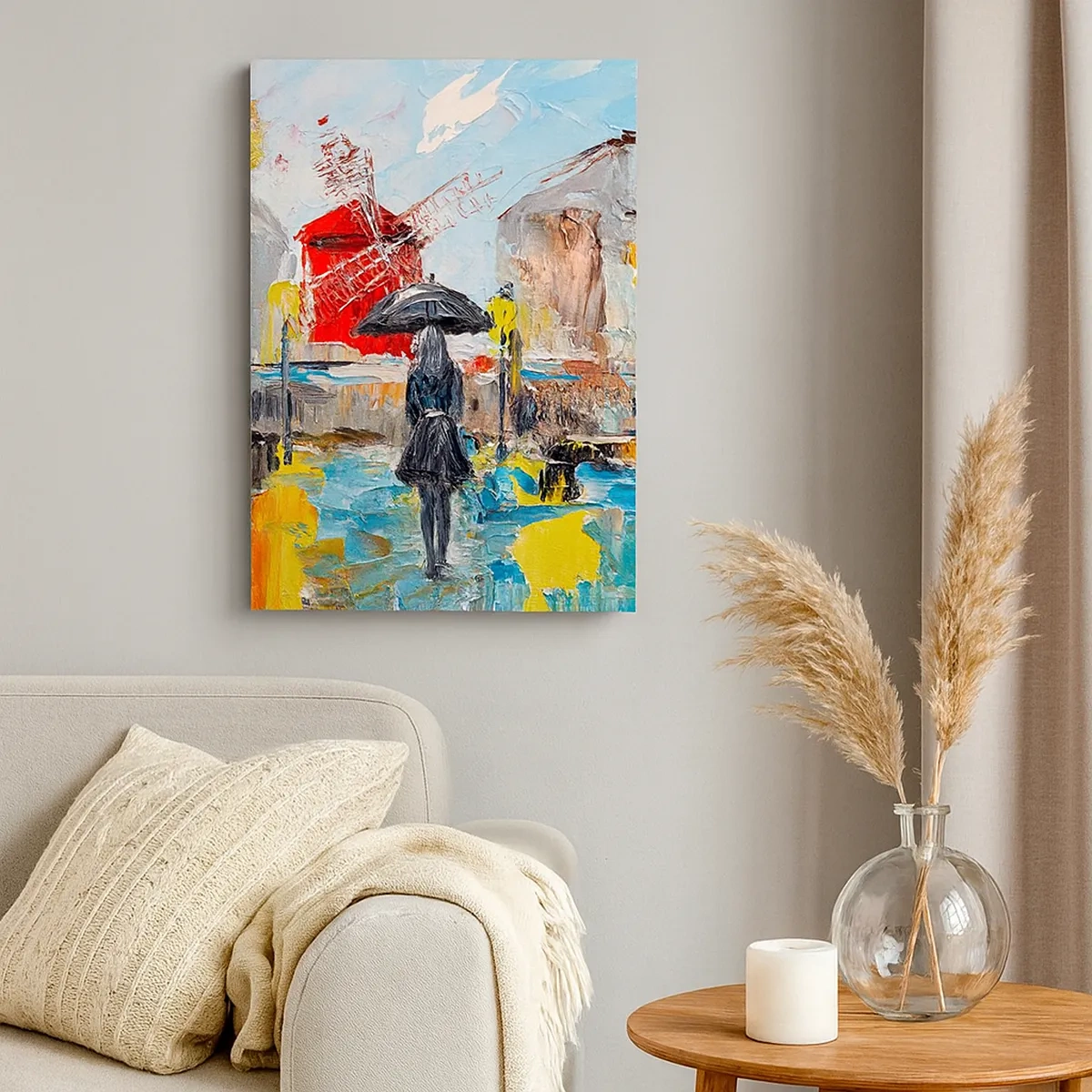 Impression sur toile - Image sur toile - Une scène pittoresque avec un parapluie sur fond de Paris aux couleurs vibrantes. - 50x70cm - Légende parisienne - Décoration murale moderne pour le salon et la chambre ARTTOR