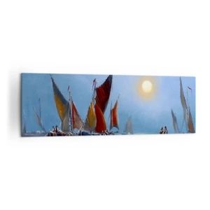 Impression sur toile - Image sur toile - Bateaux à voiles sur une eau calme au coucher du soleil - 160x50cm - Pêche de nuit - Décoration murale moderne pour le salon et la chambre ARTTOR