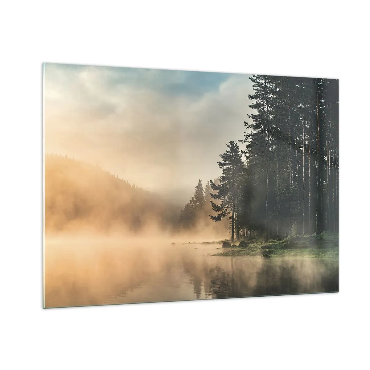 Impression sur verre - Image sur verre - Un matin brumeux sur un lac forestier - 100x70cm - Naissance du jour - Décoration murale moderne pour le salon et la chambre ARTTOR