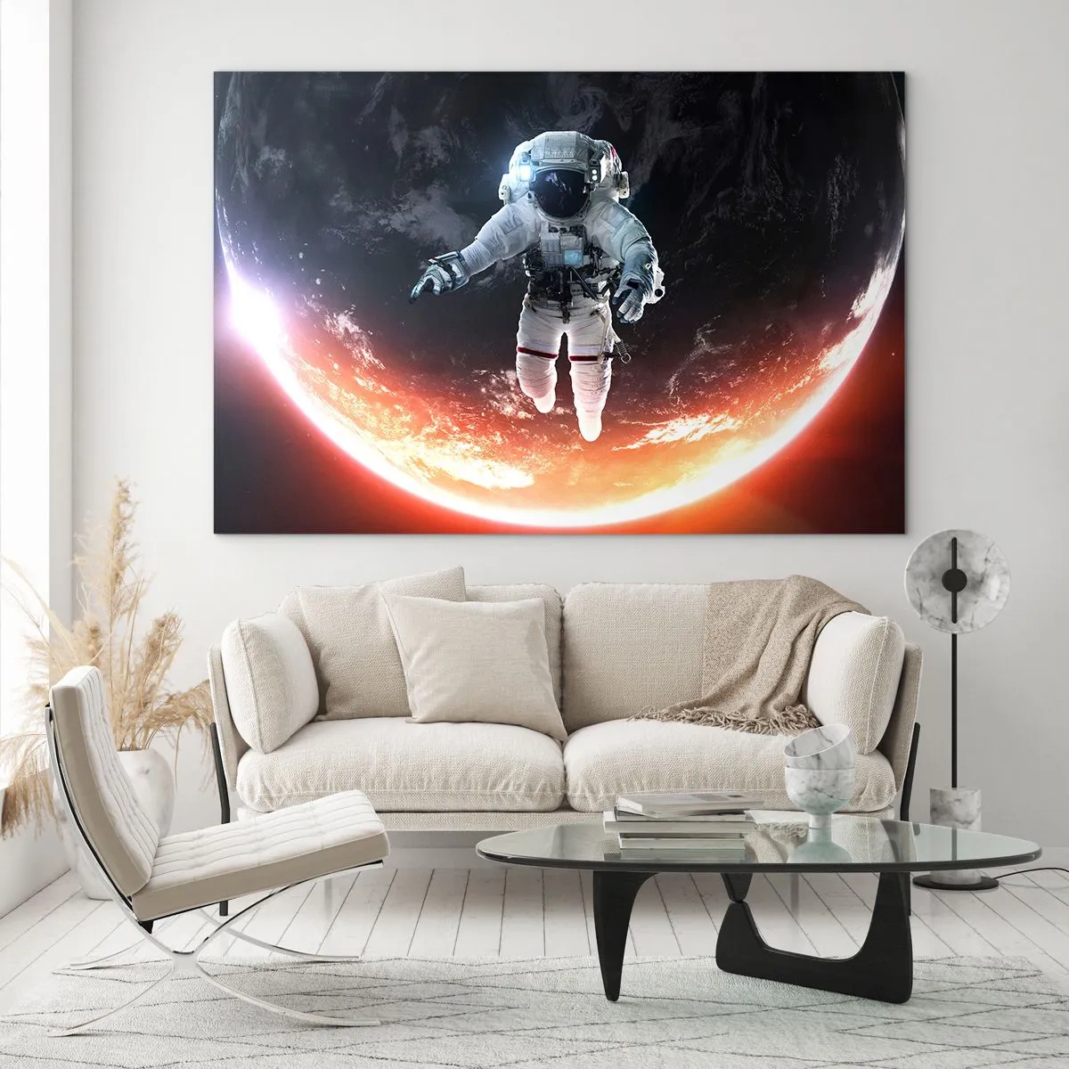 Impression sur verre - Image sur verre - Astronaute dans l'espace avec une planète en arrière-plan - 120x80cm - Puis-je rester un peu plus longtemps ? - Décoration murale moderne pour le salon et la chambre ARTTOR