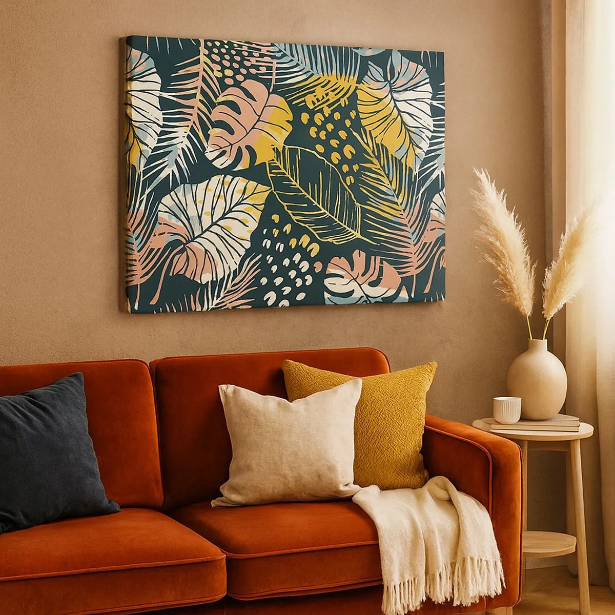 Impression sur toile - Image sur toile - Feuilles colorées sur fond sombre - 70x50cm - Fantaisie feuillue - Décoration murale moderne pour le salon et la chambre ARTTOR