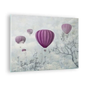 Impression sur verre - Image sur verre - Des ballons violets flottant parmi les nuages et les branches des arbres - 70x50cm - Comme des navires dans le ciel - Décoration murale moderne pour le salon et la chambre ARTTOR