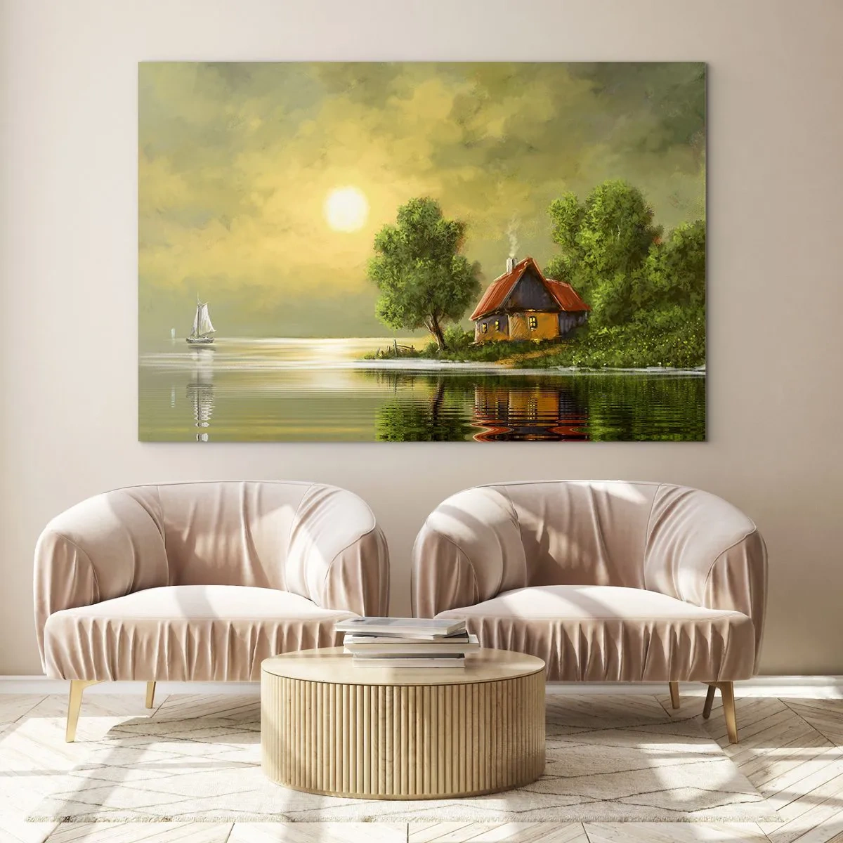 Impression sur verre - Image sur verre - Un paysage pittoresque avec un chalet au bord du lac au coucher du soleil - 120x80cm - Beau, comme une image - Décoration murale moderne pour le salon et la chambre ARTTOR