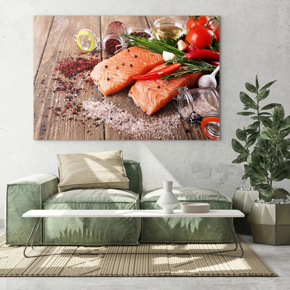 Impression sur verre - Image sur verre - Filets de saumon aux épices sur un plan de travail en bois - 70x50cm - Aventure norvégienne dans la cuisine - Décoration murale moderne pour le salon et la chambre ARTTOR