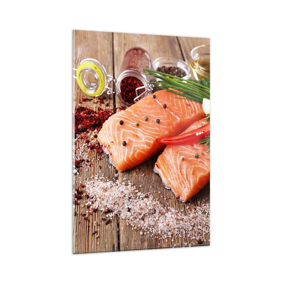 Impression sur verre - Image sur verre - Filets de saumon aux épices sur fond de bois - 80x120cm - Aventure norvégienne dans la cuisine - Décoration murale moderne pour le salon et la chambre ARTTOR