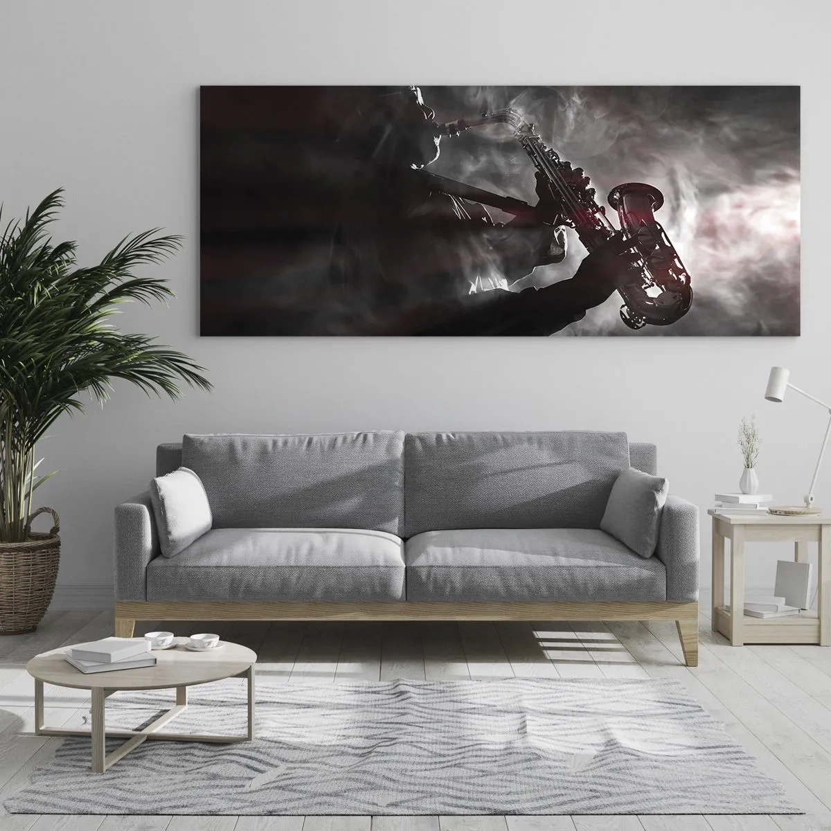 Impression sur verre - Image sur verre - Saxophoniste en fumée sur scène en noir et rouge atmosphérique - 140x50cm - Dans les brumes du jazz - Décoration murale moderne pour le salon et la chambre ARTTOR