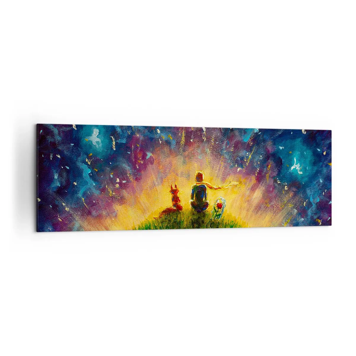Impression sur toile - Image sur toile - Personnages sur une colline verdoyante entourée d'un ciel étoilé - 160x50cm - Amour et amitié - le monde entier - Décoration murale moderne pour le salon et la chambre ARTTOR