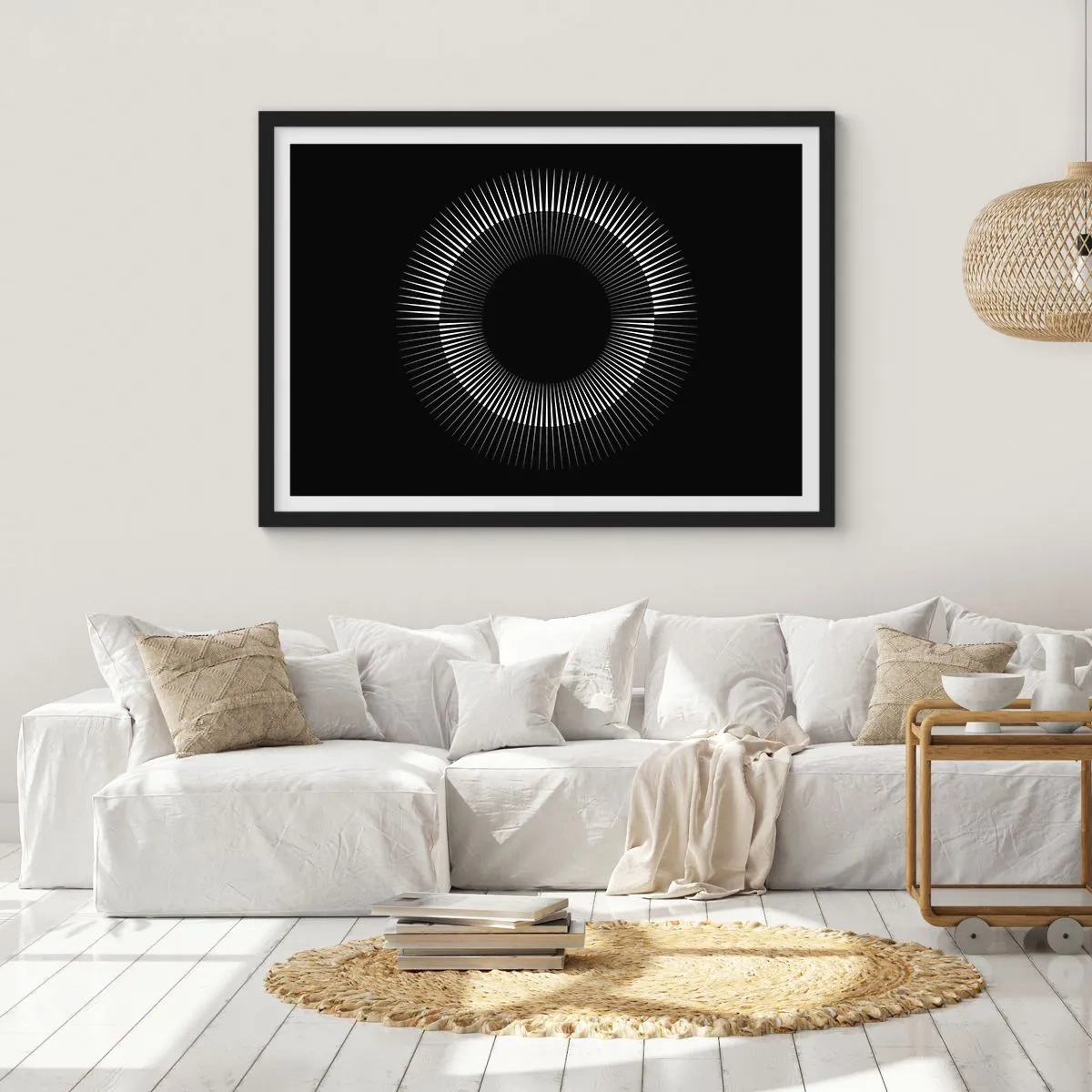 Affiche dans un cadre noir - Poster - Cercle graphique avec des rayons en noir et blanc - 70x50cm - Soleil noir - Décoration murale moderne pour le salon et la chambre ARTTOR