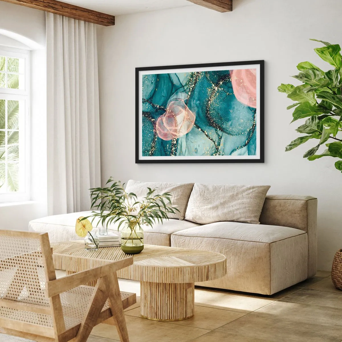 Affiche dans un cadre noir - Poster - Une composition abstraite dans des tons turquoise et or. - 70x50cm - Soie bleu, tulle rose - Décoration murale moderne pour le salon et la chambre ARTTOR