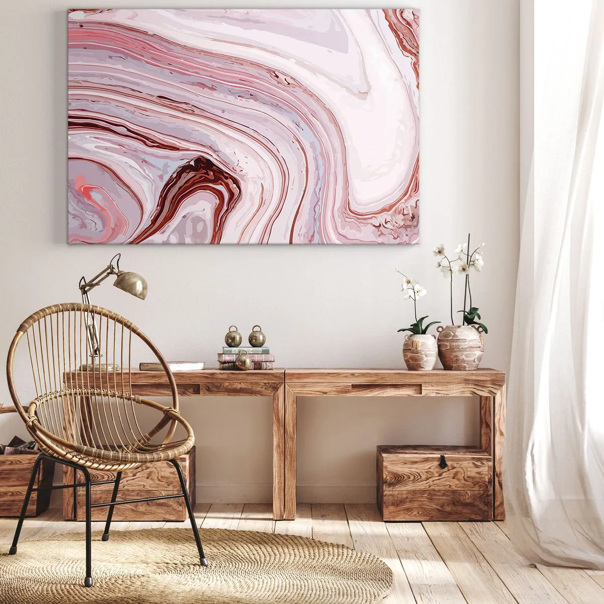 Impression sur toile - Image sur toile - Motif abstrait en rose et blanc - 100x70cm - Tout droit, puis tout en bas - Décoration murale moderne pour le salon et la chambre ARTTOR