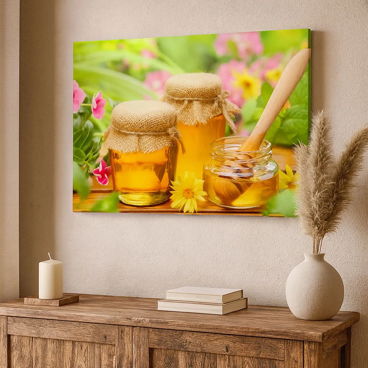 Impression sur toile - Image sur toile - Pots de miel avec des fleurs sur fond de jardin d'été - 70x50cm - Doux et fleuri - Décoration murale moderne pour le salon et la chambre ARTTOR