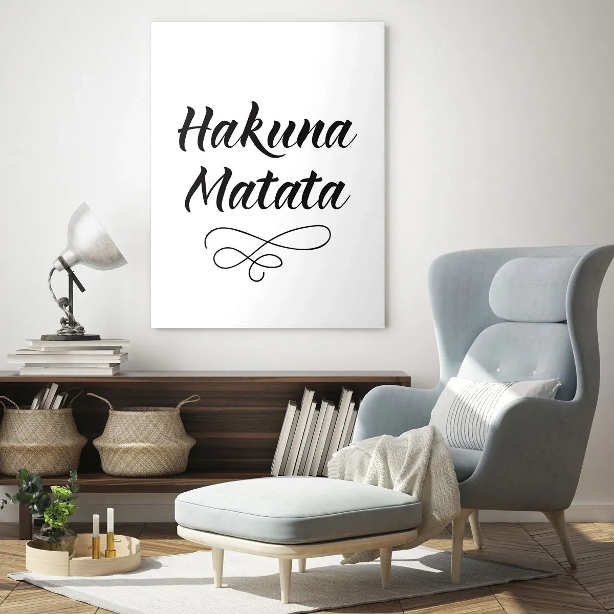 Impression sur verre - Image sur verre - Lettrage Hakuna Matata avec accent décoratif sur fond blanc - 50x70cm - Le meilleur conseil - Décoration murale moderne pour le salon et la chambre ARTTOR