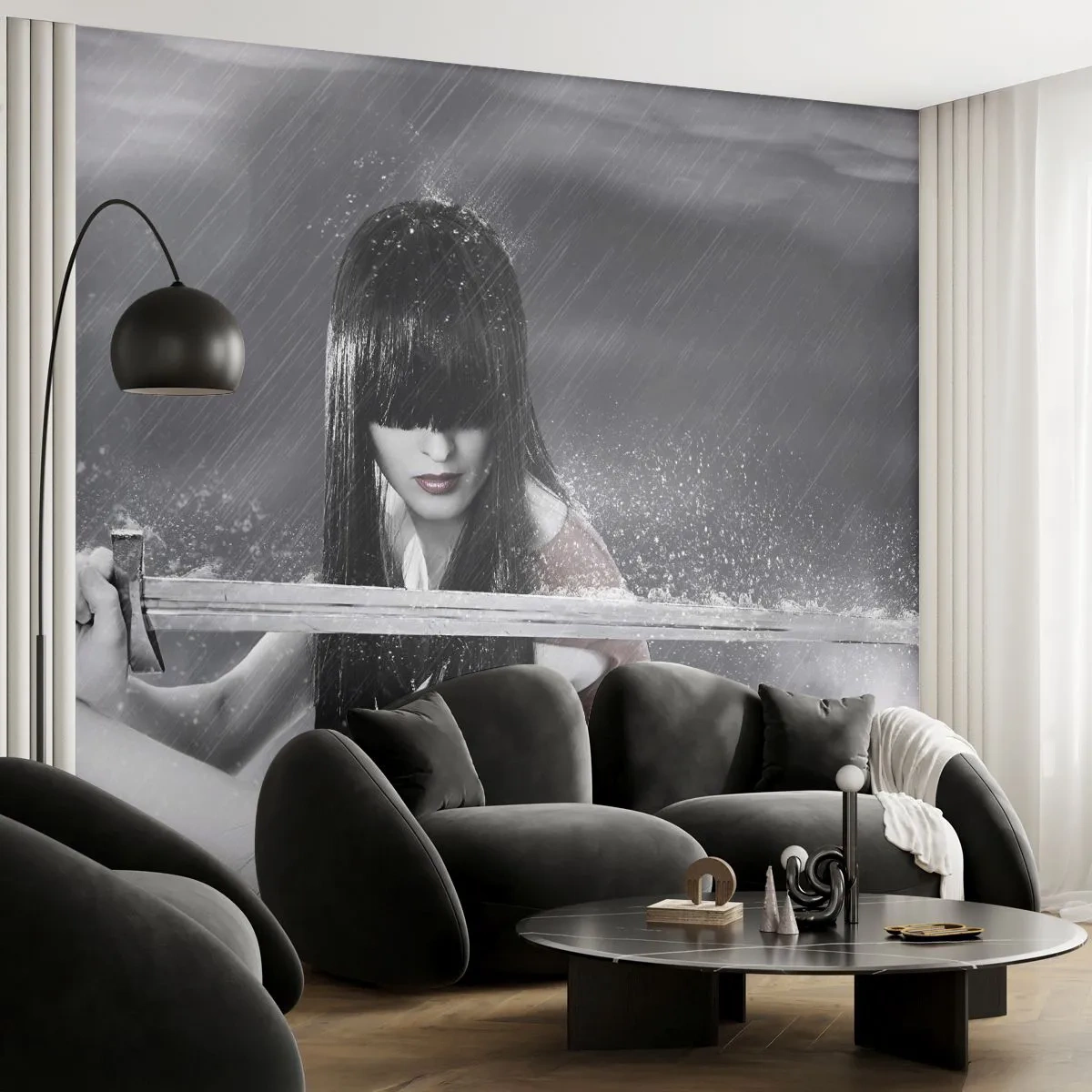 Papier Peint Photo Premium Canvas - Une femme avec une épée sous la pluie avec une apparence dynamique et mystérieuse - 100x70cm - Belle et dangereuse - Décoration murale moderne pour le salon et la chambre ARTTOR