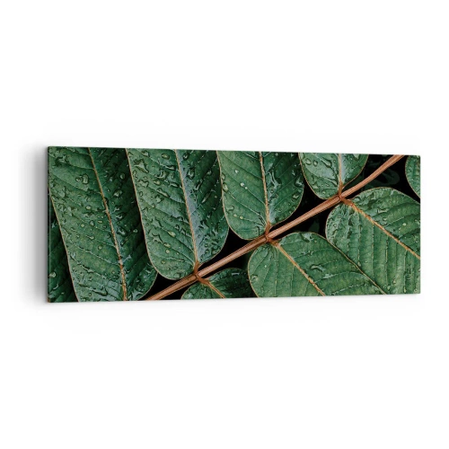 Impression sur toile - Image sur toile - Macro shot de feuilles vertes avec des gouttes de rosée - 140x50cm - Au rythme de la verdure - Décoration murale moderne pour le salon et la chambre ARTTOR