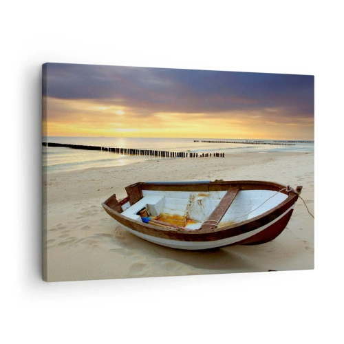 Impression sur toile - Image sur toile - Un bateau sur une plage de sable au coucher du soleil - 70x50cm - Il n'y a pas de plus belles plages - Décoration murale moderne pour le salon et la chambre ARTTOR