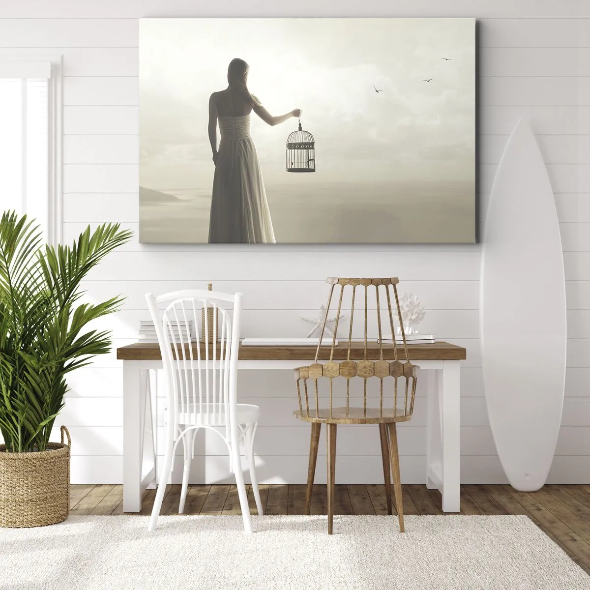 Impression sur toile - Image sur toile - Une femme avec une cage contre un ciel calme - 100x70cm - Soi libre - Décoration murale moderne pour le salon et la chambre ARTTOR