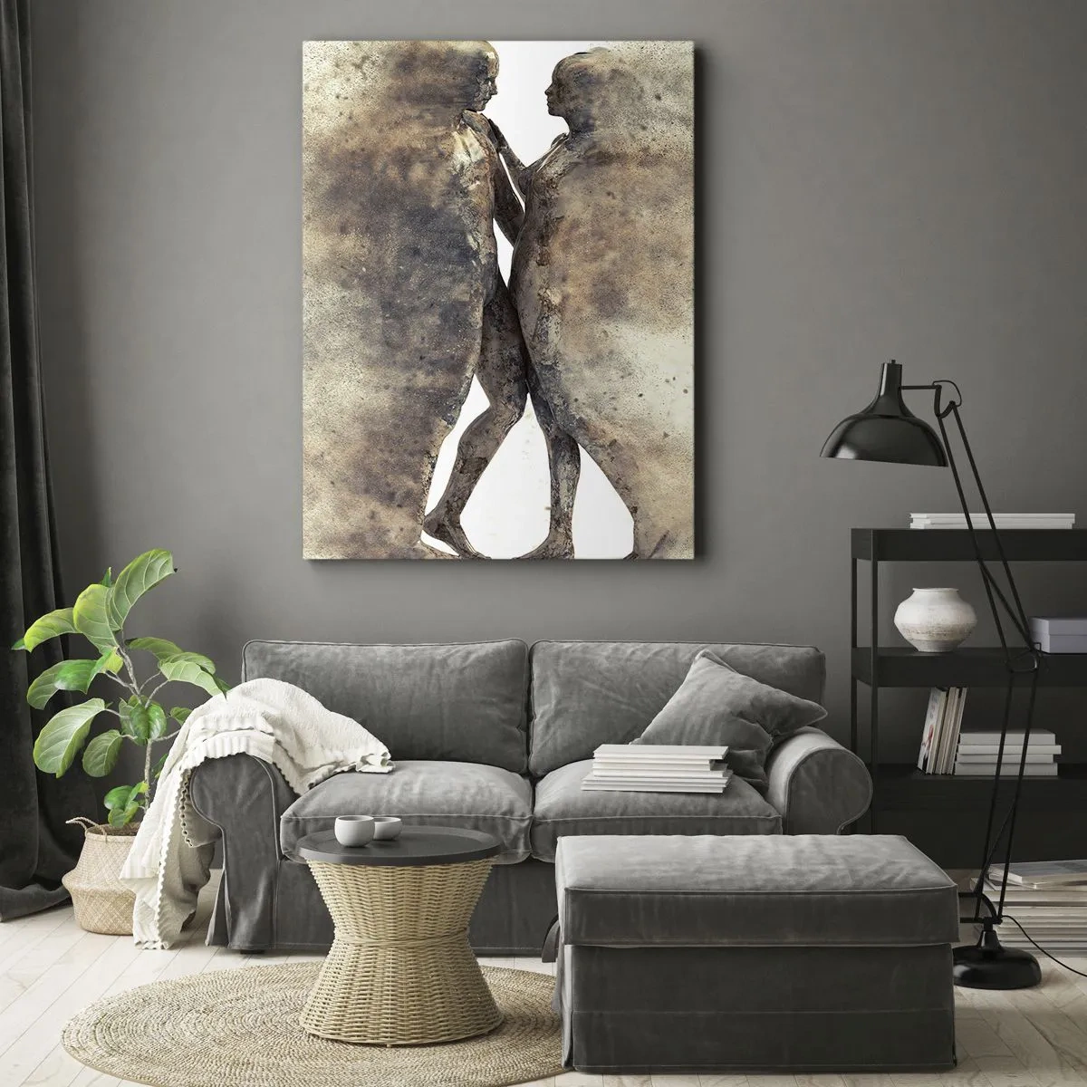 Impression sur toile - Image sur toile - Un duo abstrait de silhouettes aux tons sable - 50x70cm - Ils sont sortis de la poussière pour aimer - Décoration murale moderne pour le salon et la chambre ARTTOR
