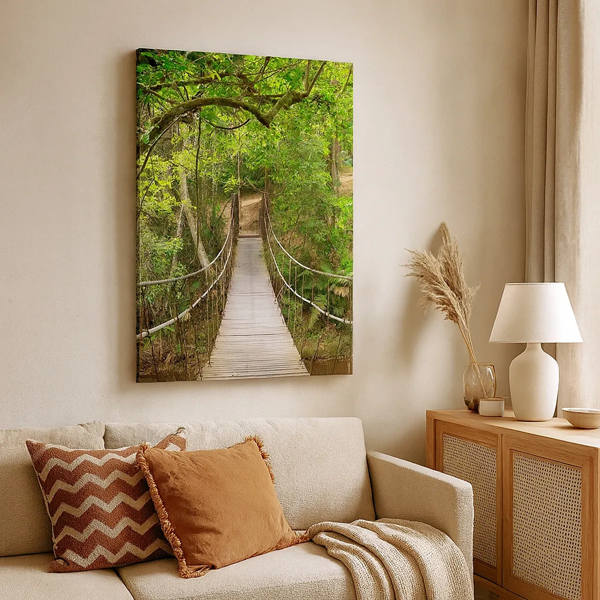 Impression sur toile - Image sur toile - Un pont suspendu entouré d'une forêt tropicale verte - 50x70cm - Parce qu'il y a une plante grimpante dans le jardin - Décoration murale moderne pour le salon et la chambre ARTTOR