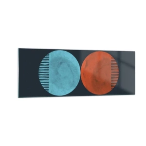 Impression sur verre - Image sur verre - Design minimaliste à deux roues en bleu et orange - 140x50cm - Seulement la géométrie ? - Décoration murale moderne pour le salon et la chambre ARTTOR