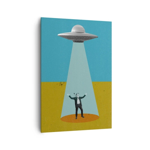 Impression sur toile - Image sur toile - Un homme à la lumière d'un OVNI sur fond de paysage coloré - 70x100cm - Rencontre proche - Décoration murale moderne pour le salon et la chambre ARTTOR