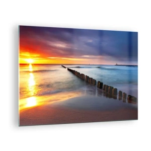 Impression sur verre - Image sur verre - Coucher de soleil sur la mer avec des brise-lames en bois - 70x50cm - Ecoute le silence - Décoration murale moderne pour le salon et la chambre ARTTOR