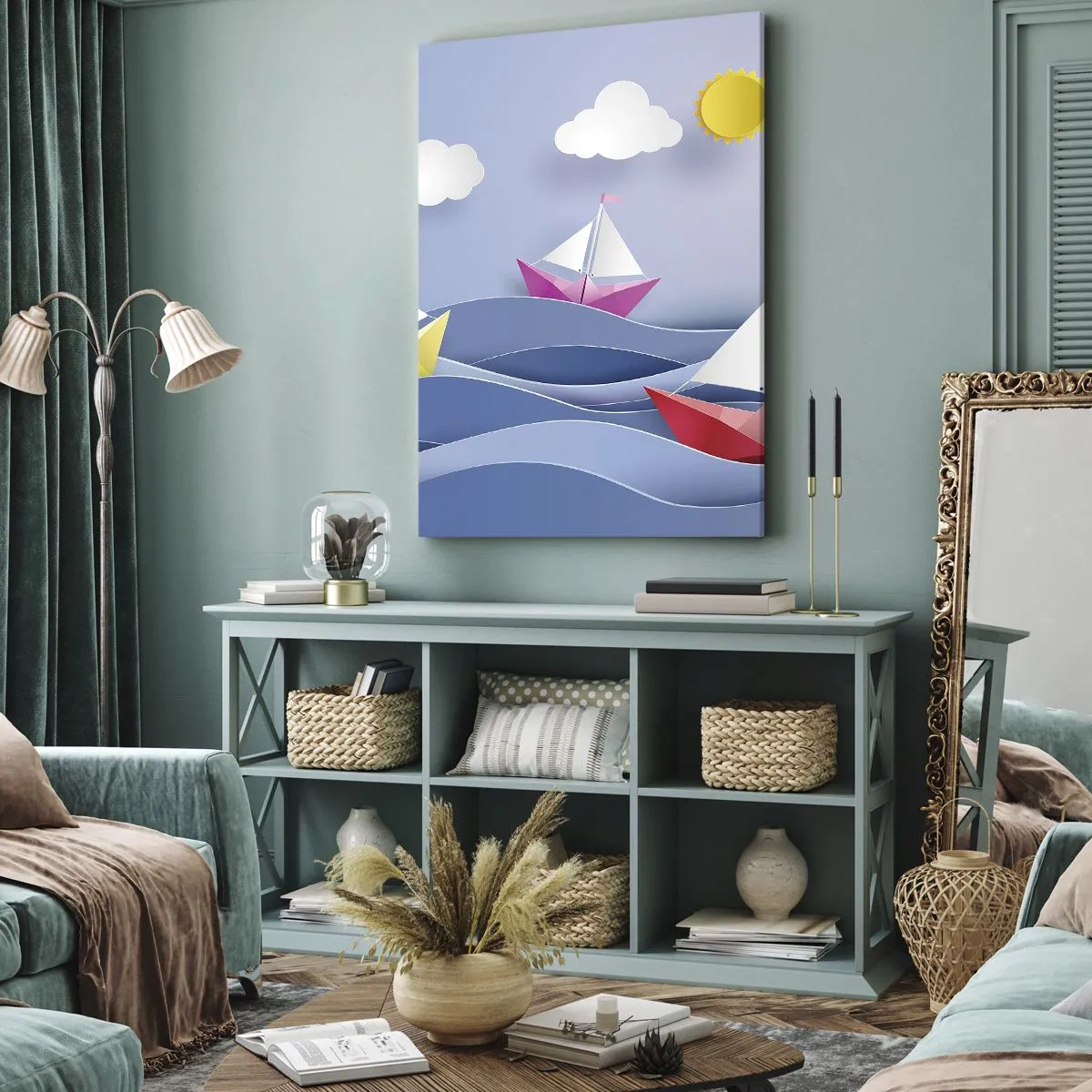Impression sur toile - Image sur toile - Voiliers colorés sur les vagues par une journée ensoleillée - 70x100cm - Ah qu'il est agréable de se balancer dans les vagues - Décoration murale moderne pour le salon et la chambre ARTTOR