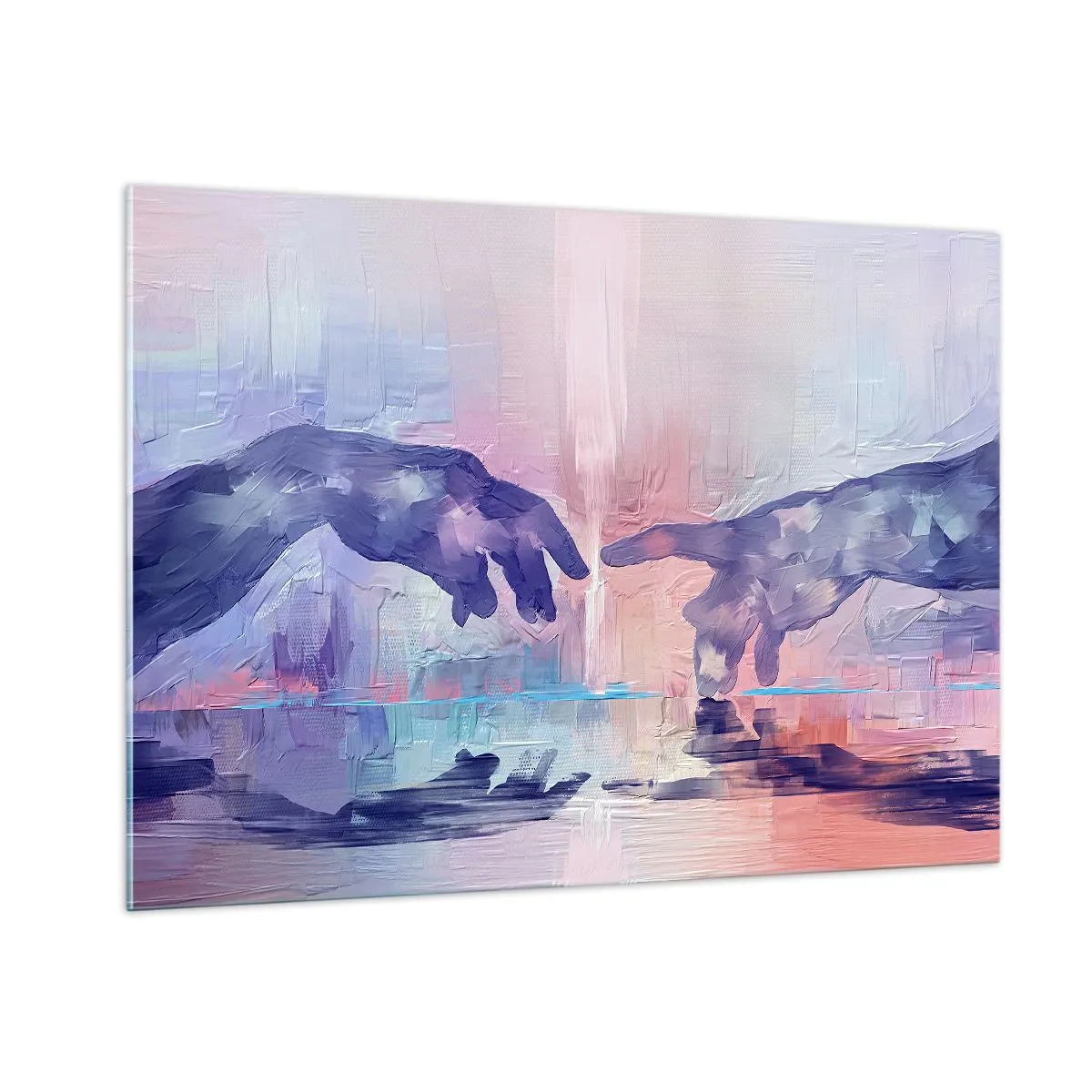 Impression sur verre - Image sur verre - Mains abstraites s'approchant l'une de l'autre sur un fond pastel. - 100x70cm - Divine étincelle de vie - Décoration murale moderne pour le salon et la chambre ARTTOR
