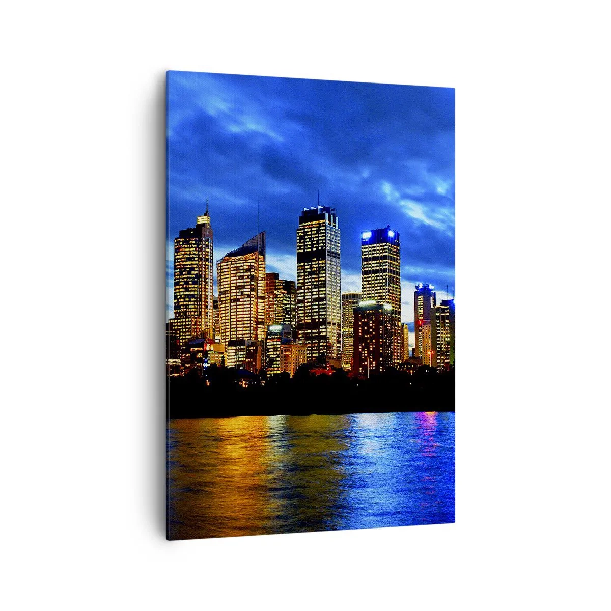 Impression sur toile - Image sur toile - Panorama de la ville nocturne avec des gratte-ciel illuminés au-dessus de l'eau - 70x100cm - Une nuit de lumières et de couleurs - Décoration murale moderne pour le salon et la chambre ARTTOR