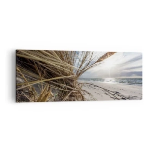 Impression sur toile - Image sur toile - Une plage avec de l'herbe sèche sur les dunes et une vue sur la mer - 140x50cm - Rencontre des éléments - Décoration murale moderne pour le salon et la chambre ARTTOR