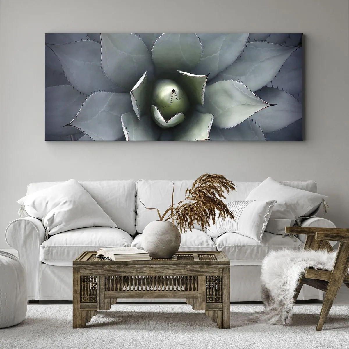 Impression sur toile - Image sur toile - Gros plan d'une rosette d'agave aux délicates nuances de vert - 120x50cm - Wabi et observe - Décoration murale moderne pour le salon et la chambre ARTTOR