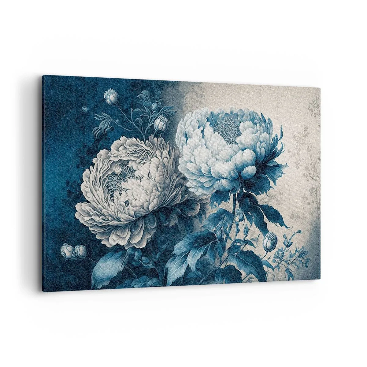 Impression sur toile - Image sur toile - Pivoines bleues sur un fond subtil avec un motif délicat - 120x80cm - Paire assortie - Décoration murale moderne pour le salon et la chambre ARTTOR