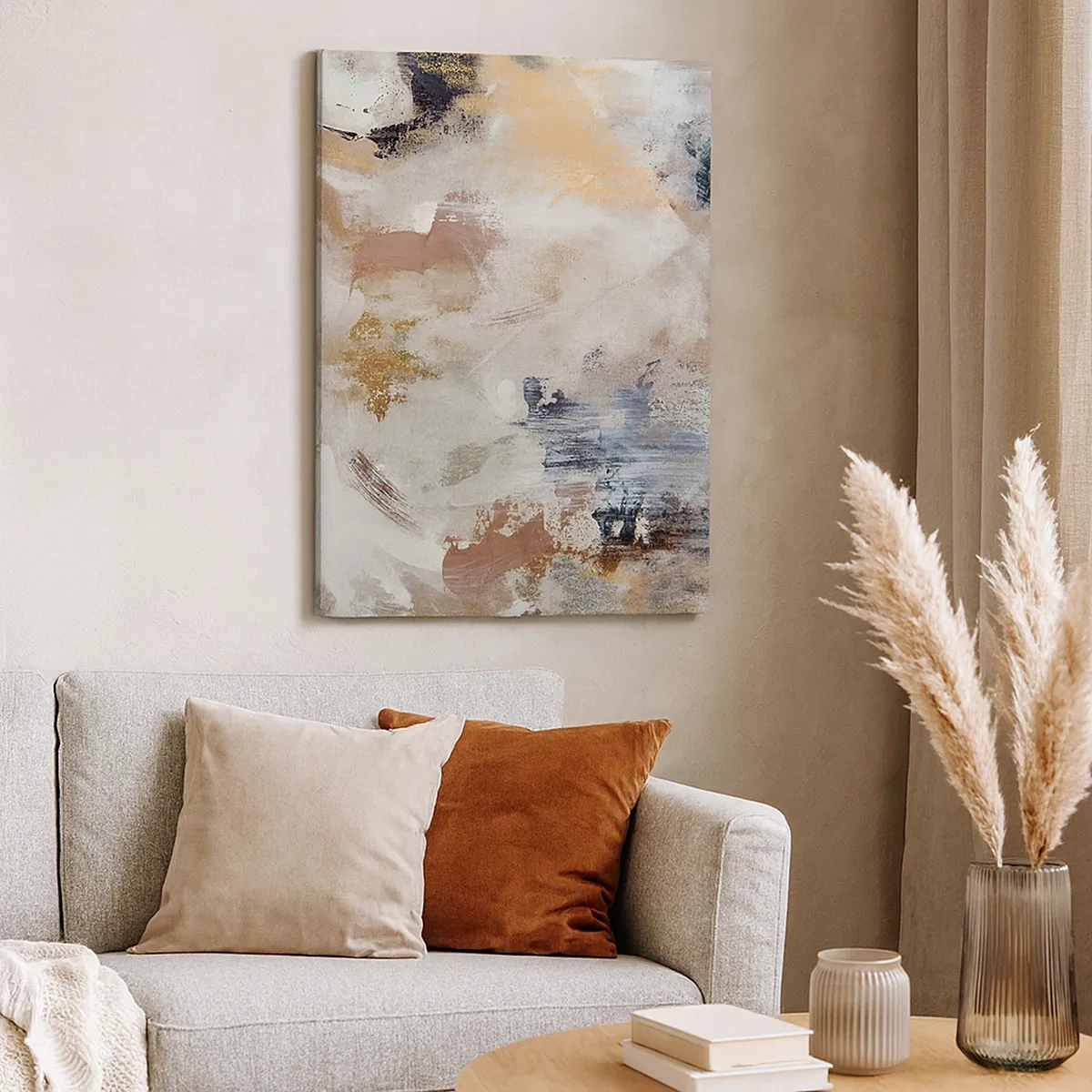 Impression sur toile - Image sur toile - Taches abstraites dans des tons neutres de beige et d'or - 50x70cm - Abstraction brumeuse - Décoration murale moderne pour le salon et la chambre ARTTOR