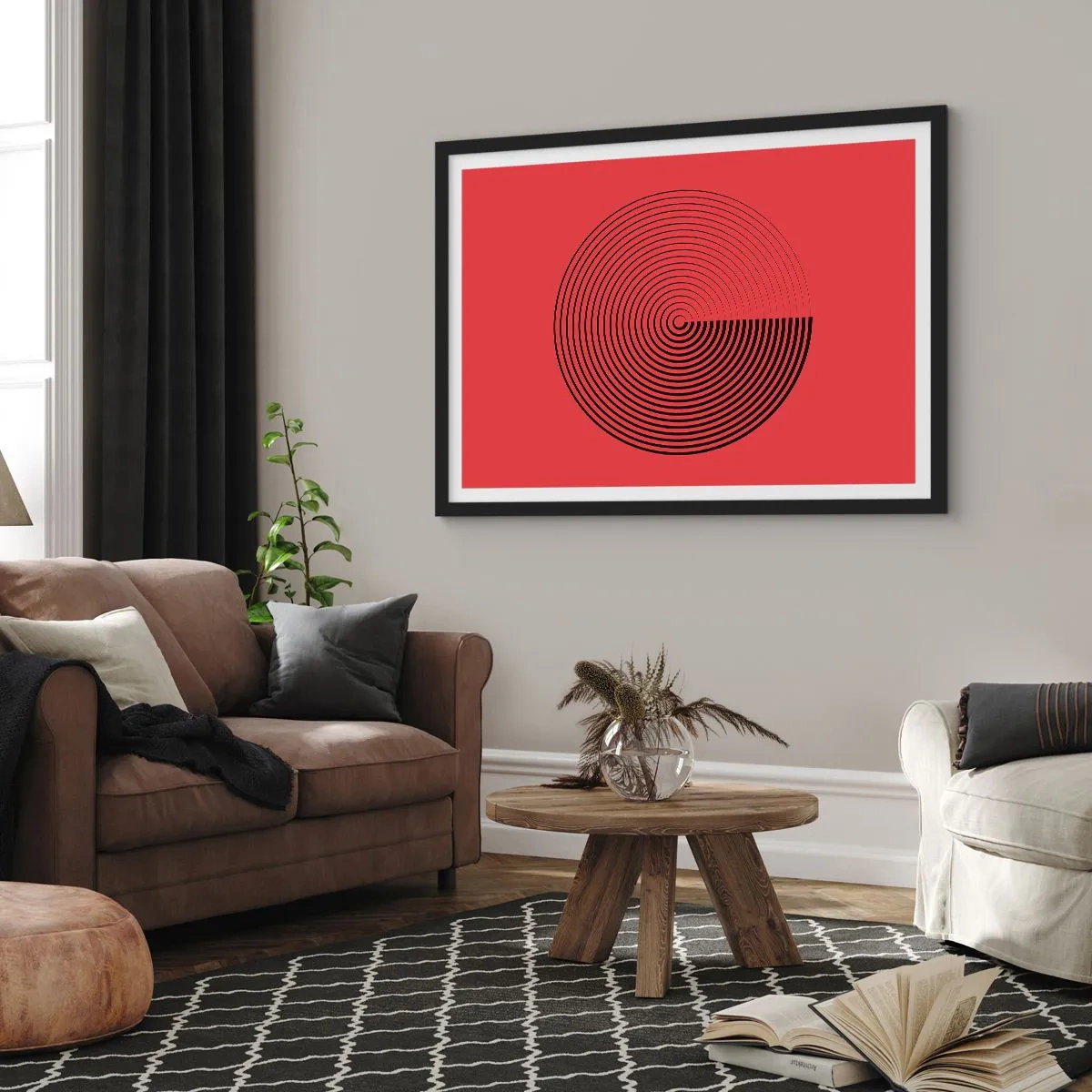 Affiche dans un cadre noir - Poster - Cercles concentriques sur fond rouge - 100x70cm - Mouvement circulaire - Décoration murale moderne pour le salon et la chambre ARTTOR