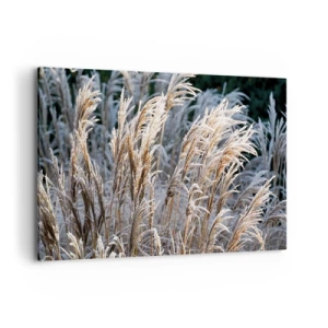 Impression sur toile - Image sur toile - Brins d'herbe d'hiver recouverts de givre sur un fond vert foncé - 120x80cm - Habillé de givre - Décoration murale moderne pour le salon et la chambre ARTTOR