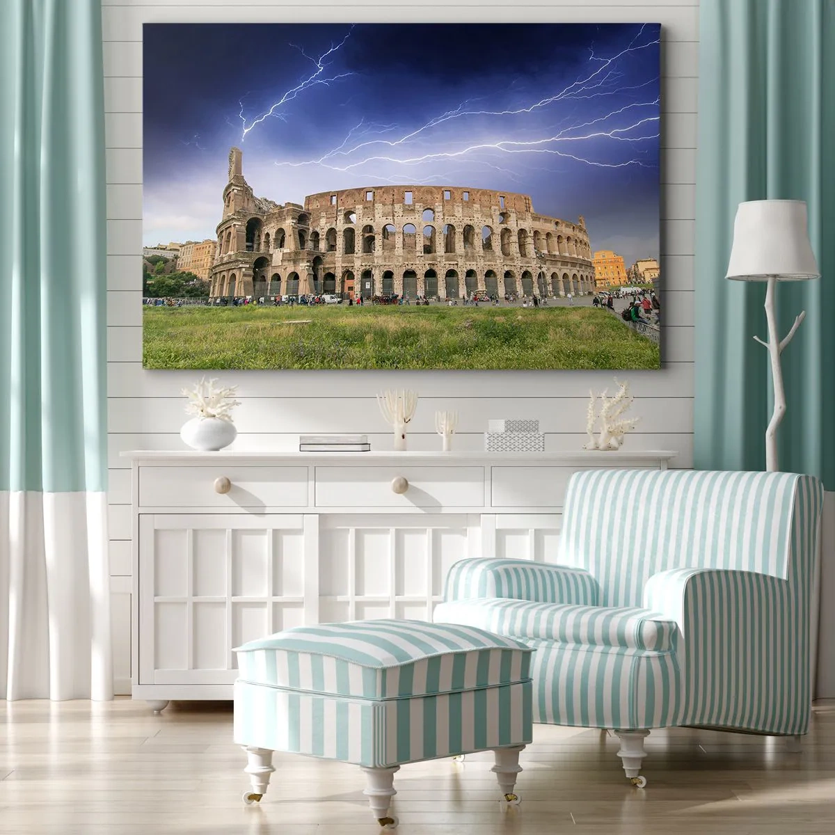 Impression sur toile - Image sur toile - Le Colisée de Rome illuminé par la foudre - 120x80cm - Arène de combat - Décoration murale moderne pour le salon et la chambre ARTTOR