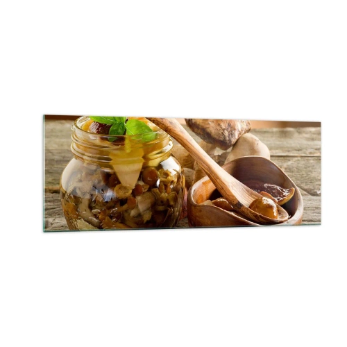Impression sur verre - Image sur verre - Champignons naturels dans un bocal sur une table rustique - 140x50cm - Que ce soit frais ou salé, ou en automne... - Décoration murale moderne pour le salon et la chambre ARTTOR