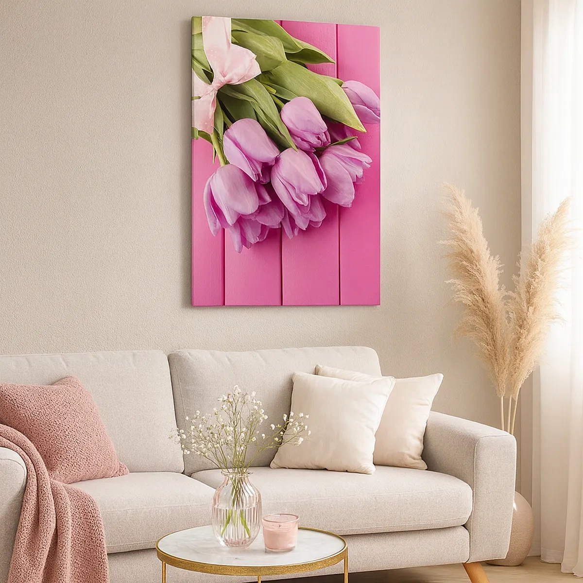 Impression sur toile - Image sur toile - Un bouquet de tulipes roses avec un nœud sur un fond rose - 50x70cm - Juste pour toi - Décoration murale moderne pour le salon et la chambre ARTTOR