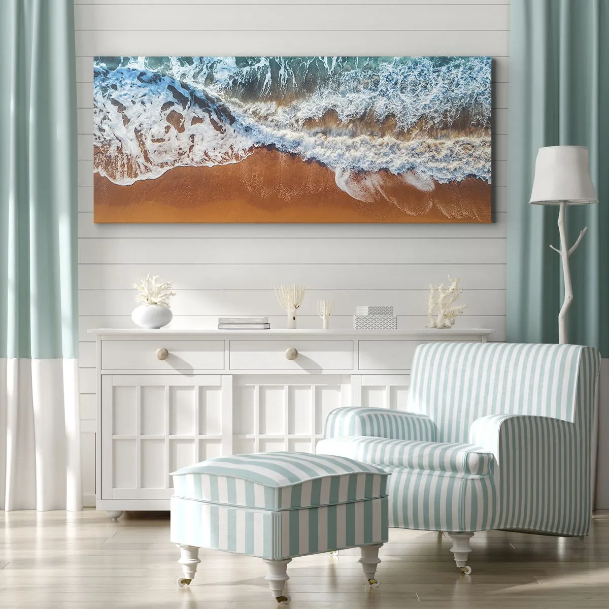 Impression sur toile - Image sur toile - Vue aérienne des vagues de l'océan s'écrasant sur le rivage - 120x50cm - Toujours ensemble - Décoration murale moderne pour le salon et la chambre ARTTOR