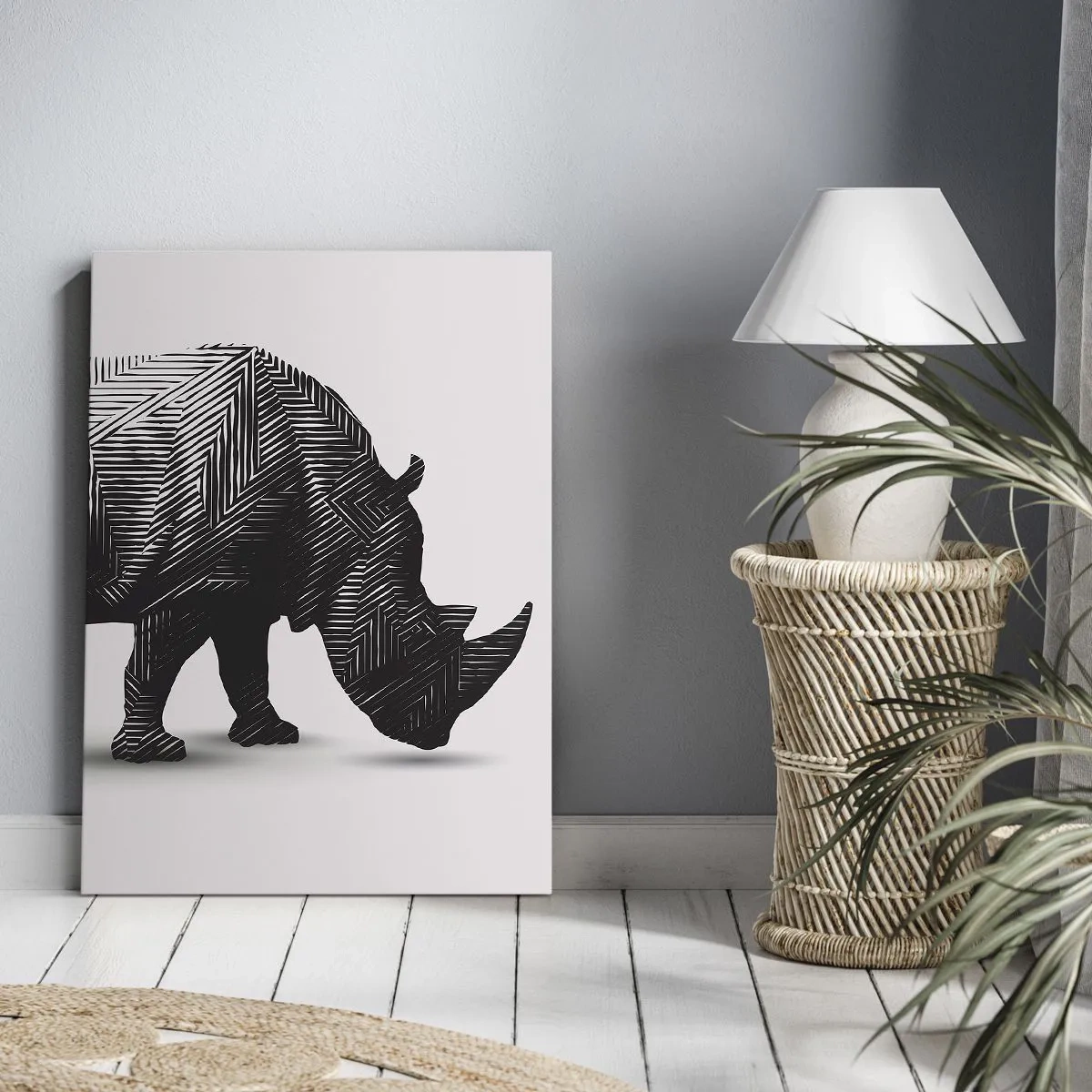 Impression sur toile - Image sur toile - Silhouette graphique d'un rhinocéros dans un motif noir et blanc - 80x120cm - Beauté géométrique de la nature - Décoration murale moderne pour le salon et la chambre ARTTOR