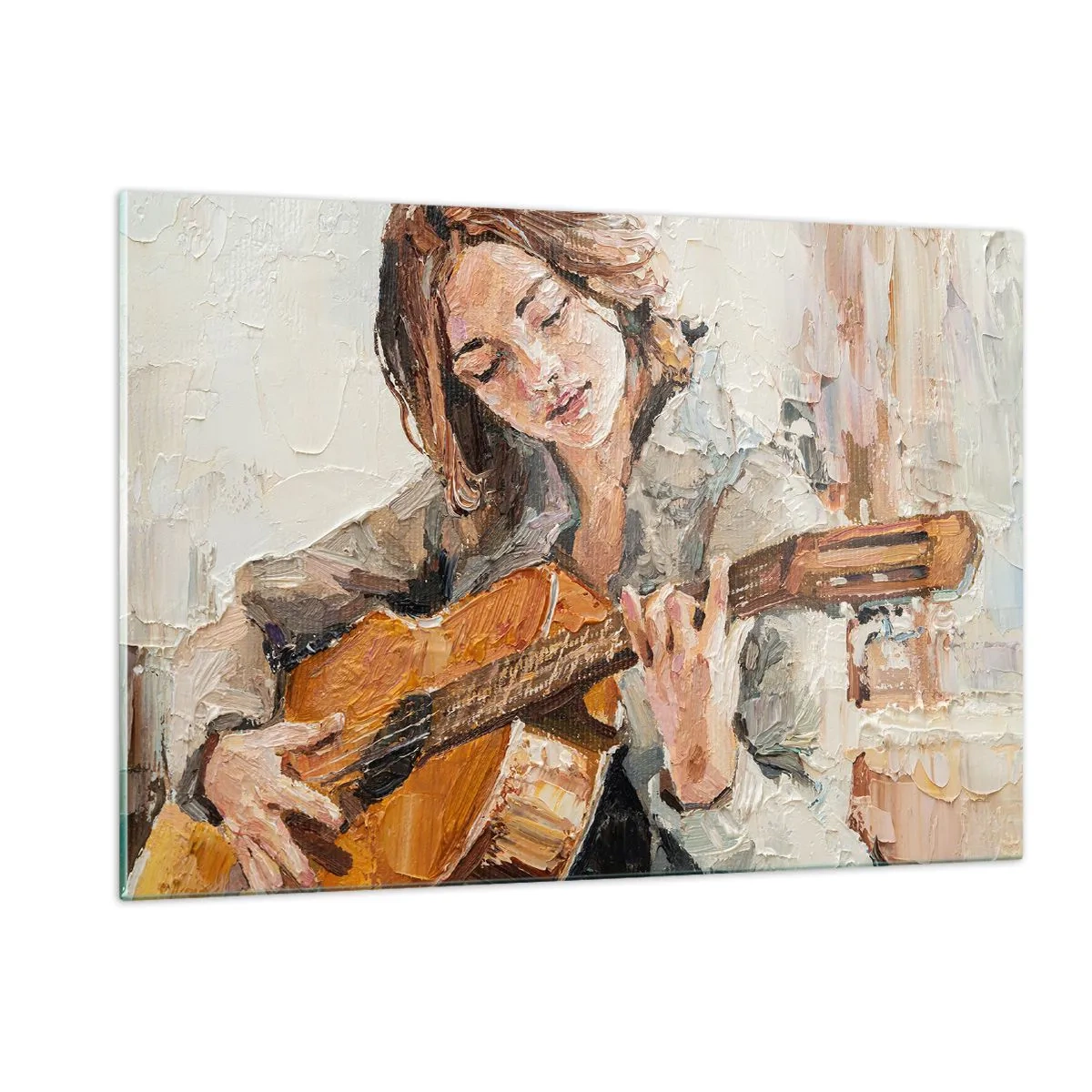 Impression sur verre - Image sur verre - Une fille jouant de la guitare dans un style impressionniste - 120x80cm - Concerto pour guitare et coeur de fille - Décoration murale moderne pour le salon et la chambre ARTTOR