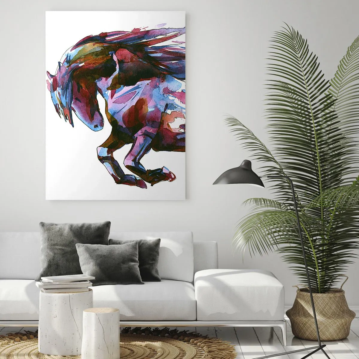 Impression sur verre - Image sur verre - Un cheval aux couleurs abstraites dynamiques symbolisant la liberté - 70x100cm - Dans le ravissement - Décoration murale moderne pour le salon et la chambre ARTTOR