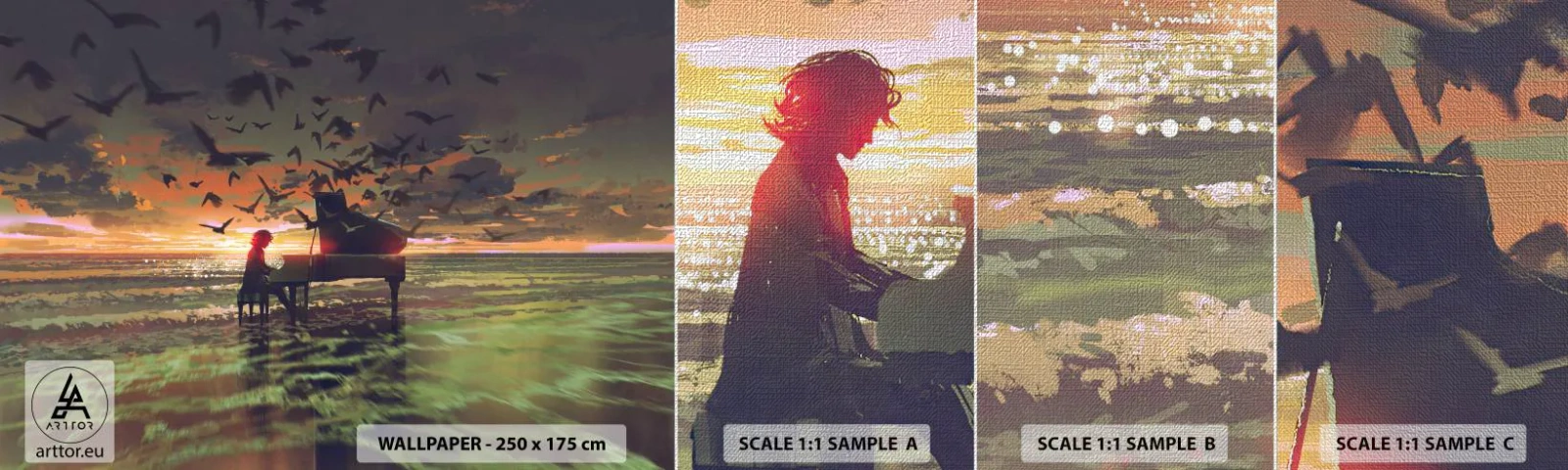 Échantillon de Papier Peint Premium Canvas - Concert pour piano et vagues - Abstraction, Piano, Musique - 100x30 cm