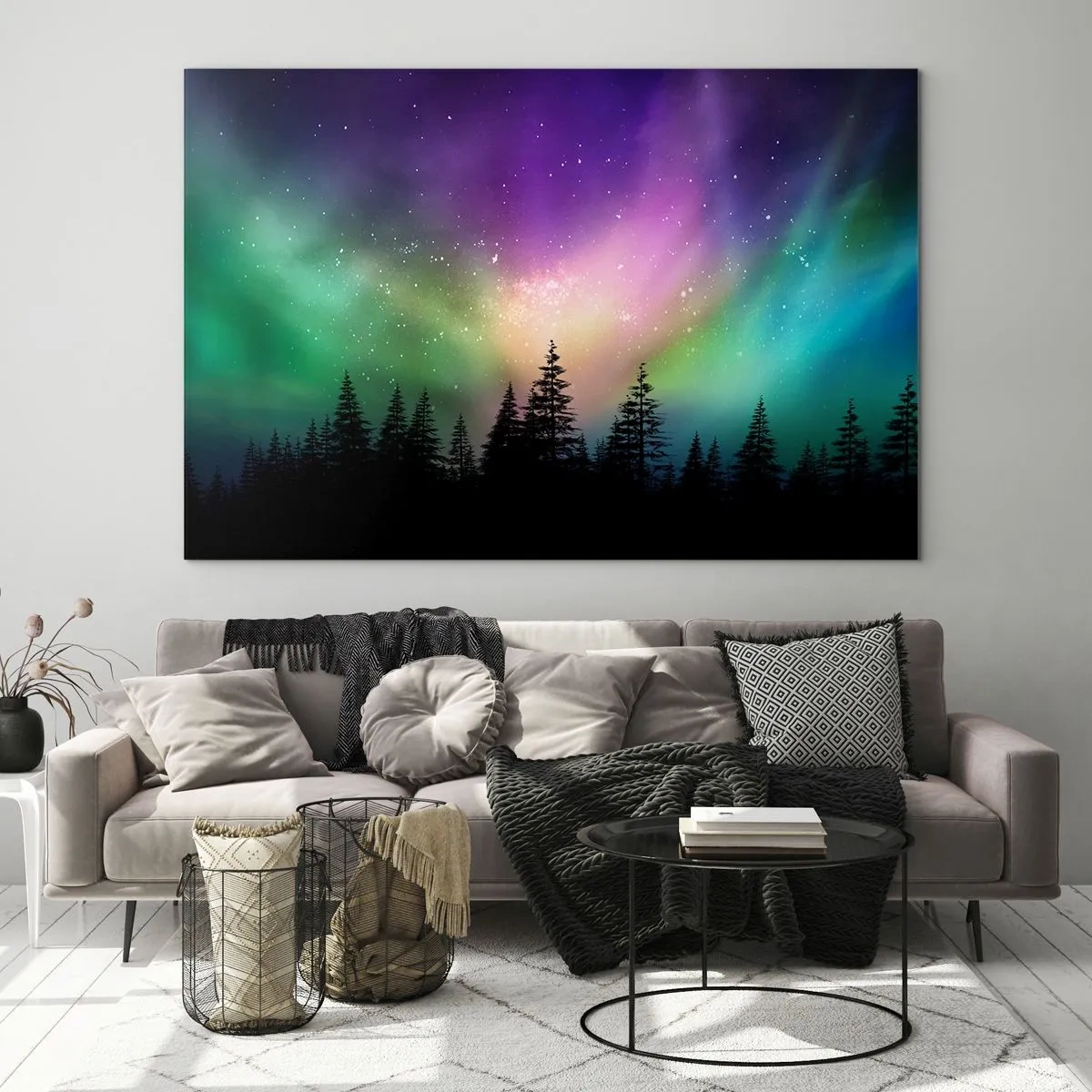 Impression sur verre - Image sur verre - Forêt la nuit sous les aurores boréales colorées - 70x50cm - Magie blanche - Décoration murale moderne pour le salon et la chambre ARTTOR